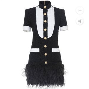 black and white shimmery dress with gold buttons & feathers